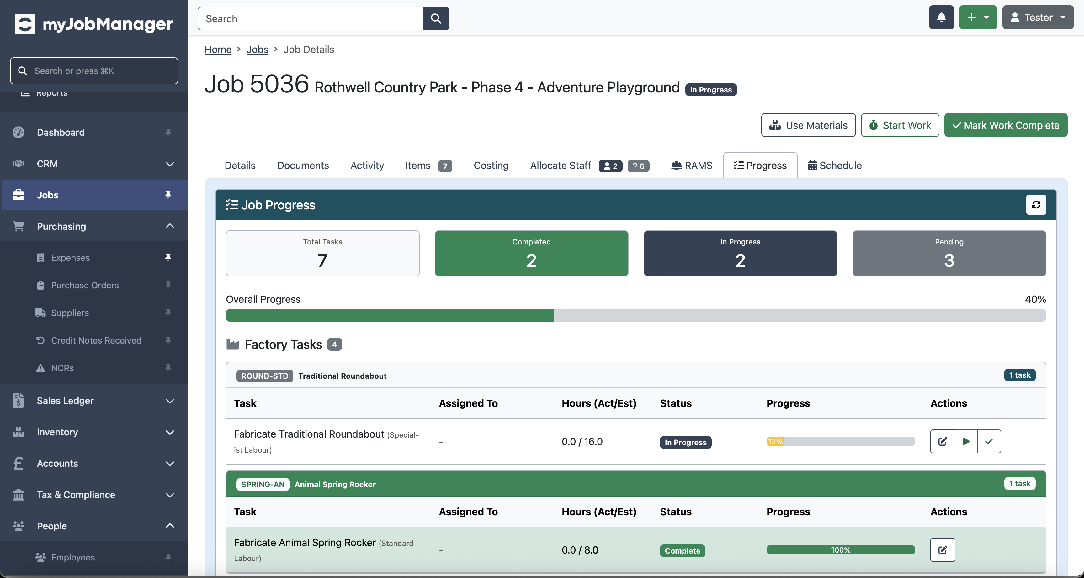 Job details and costing