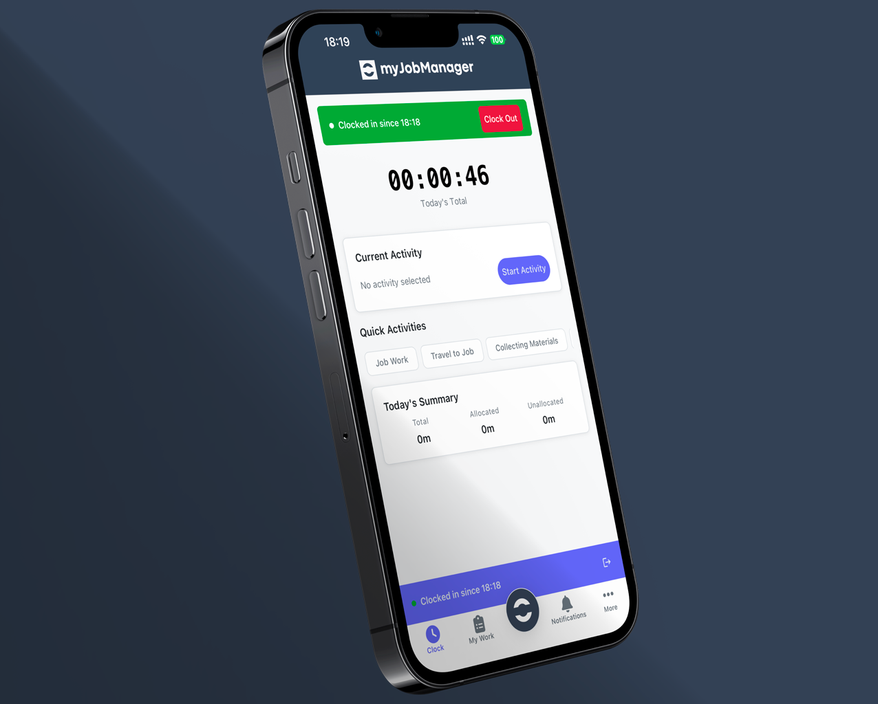 myJobManager mobile app showing time tracking