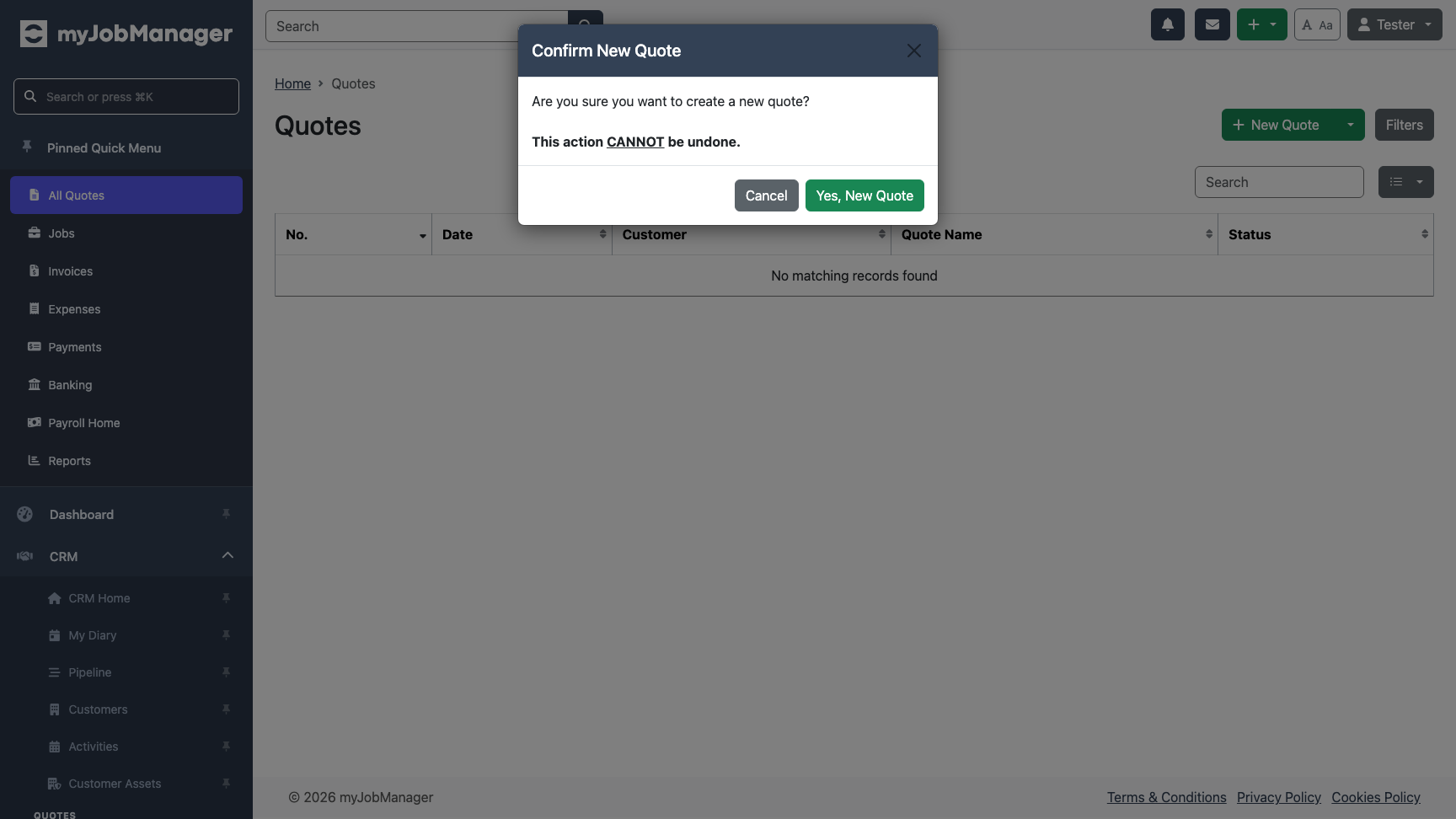 New quote confirmation dialog