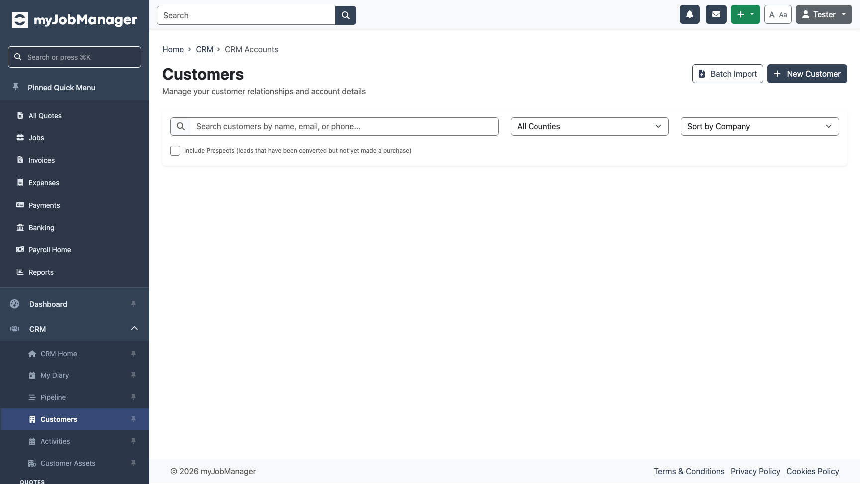 Customers home page showing the customer list and New Customer button