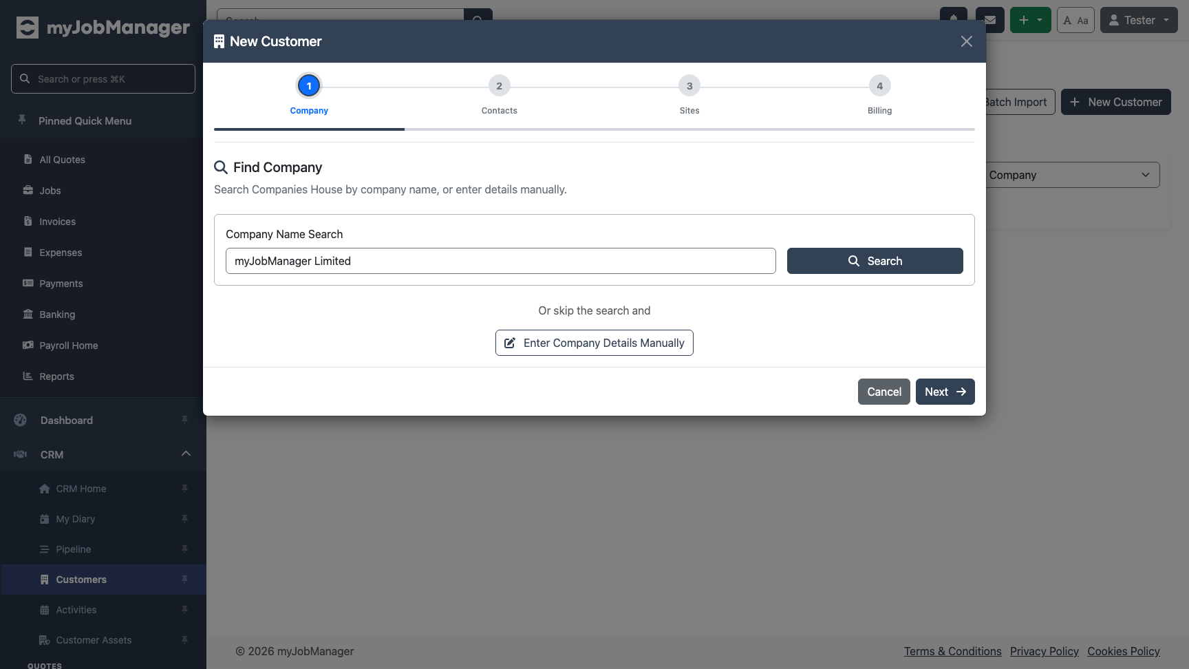 Companies House search form in the new customer wizard