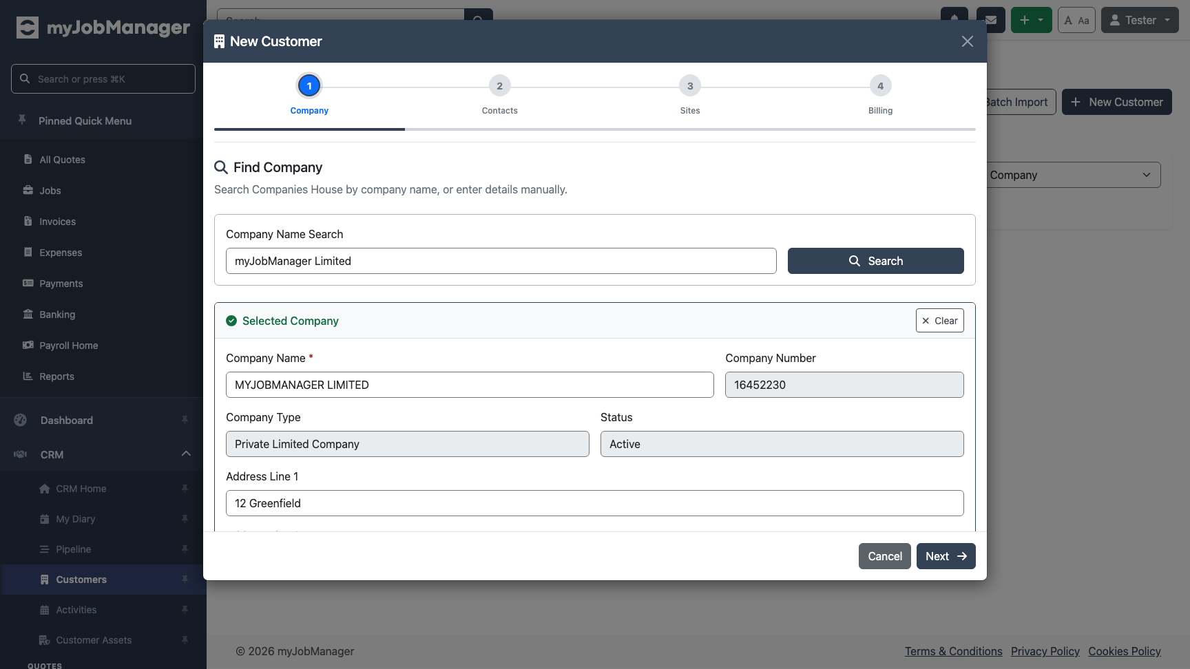 Company details auto-populated from Companies House