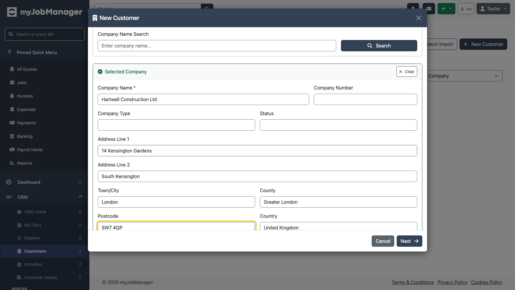 Manual entry form for company details