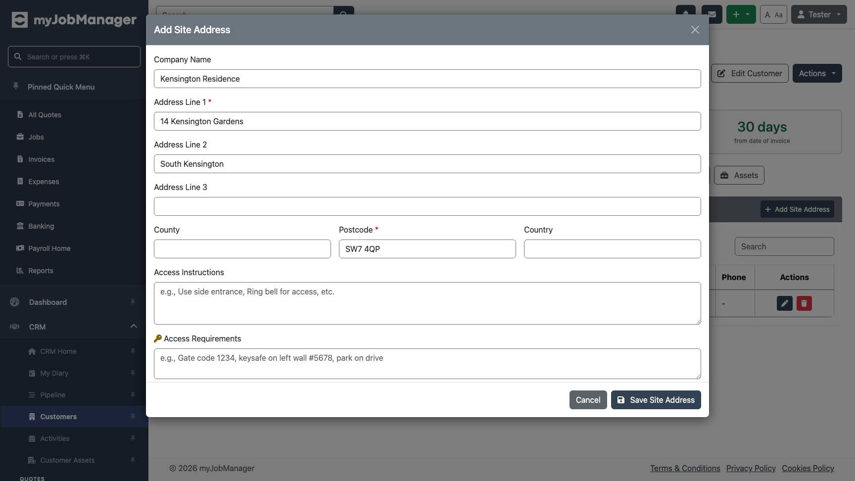 Add site form with address fields