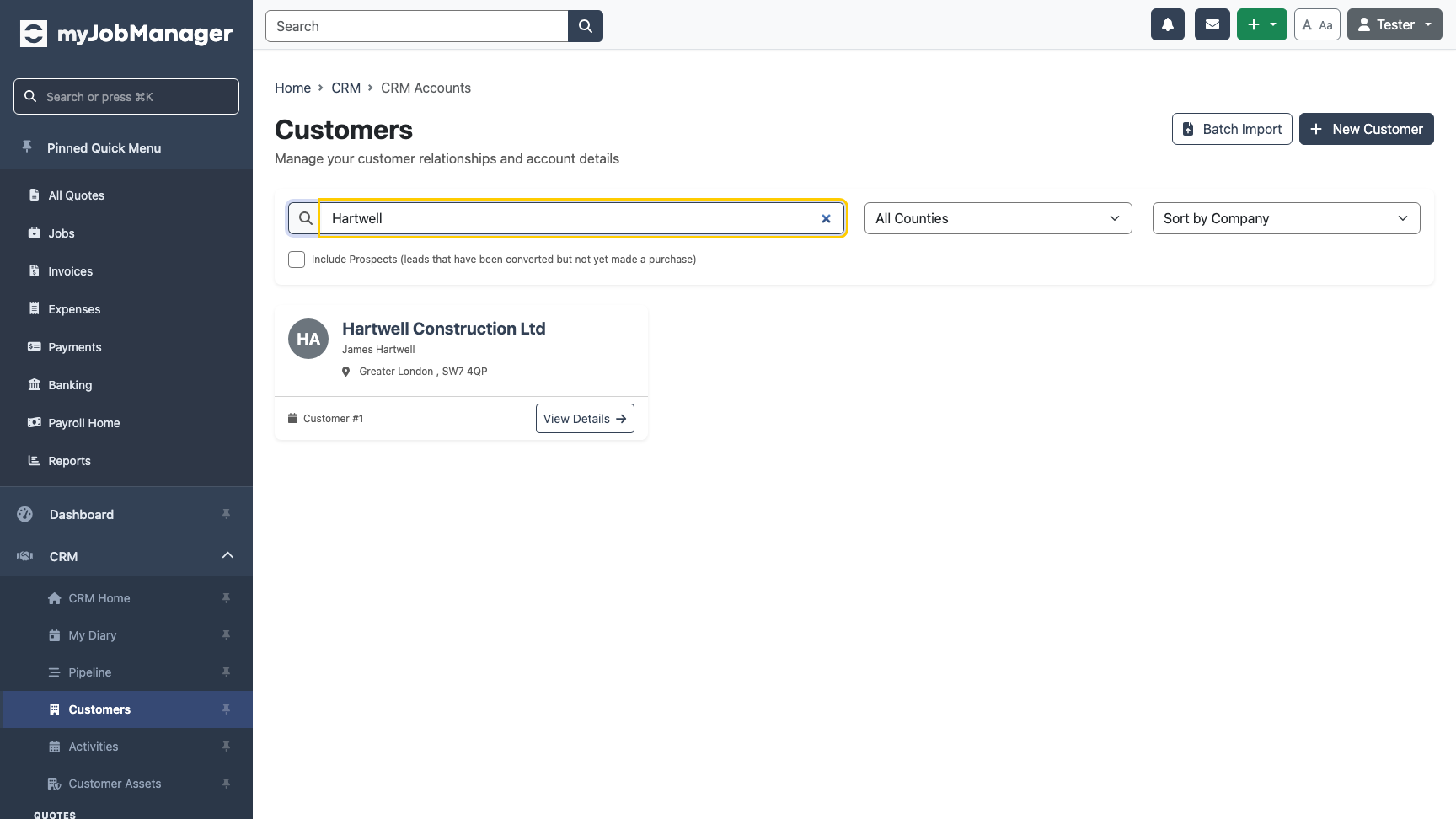 Customers list with new customer visible