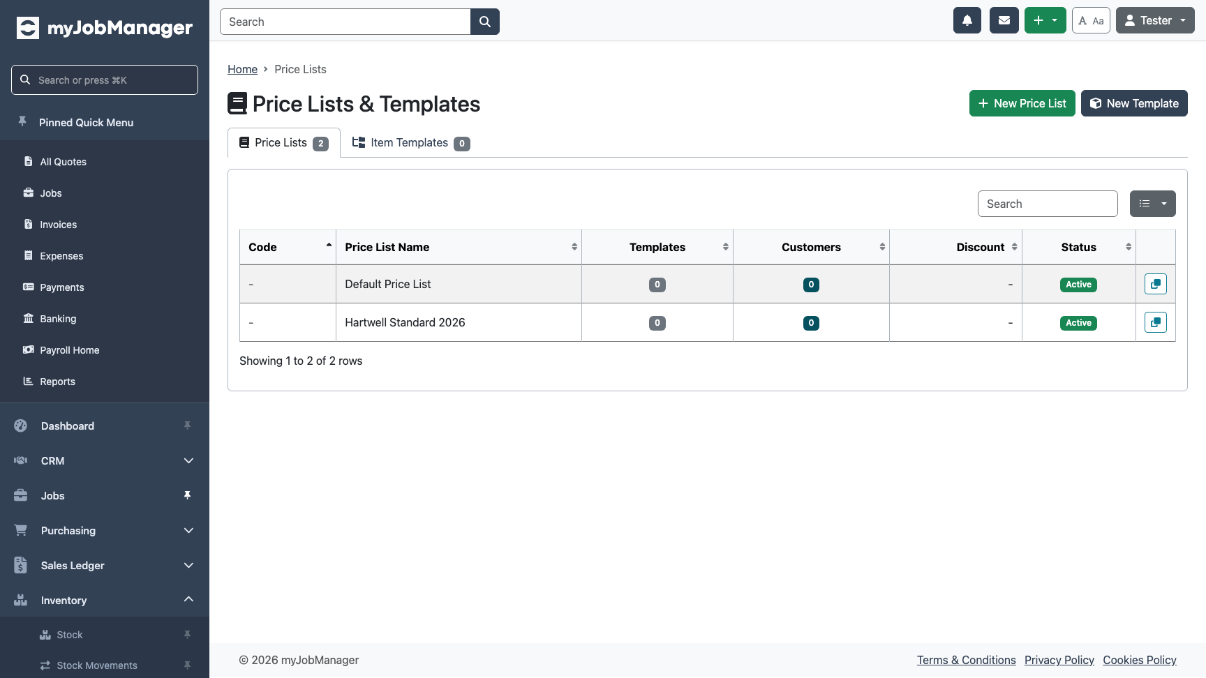 Price Lists home page