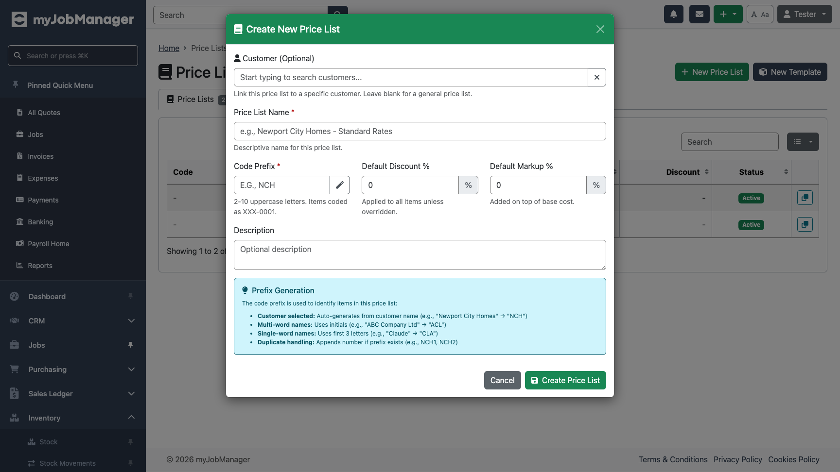 New price list creation form