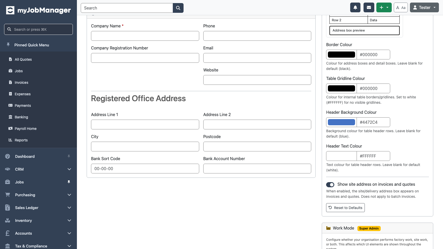 Business address fields