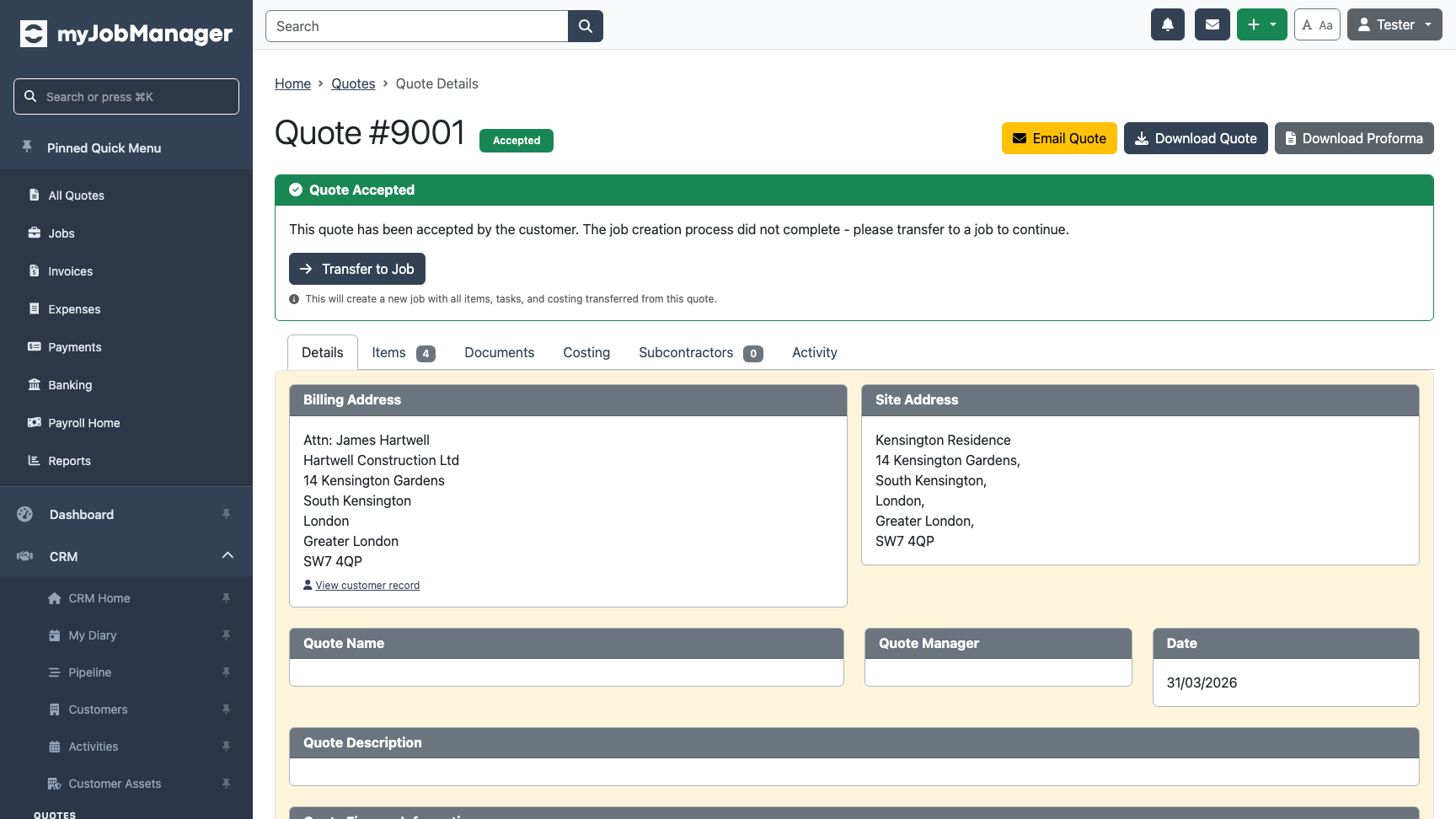 Create Job button on accepted quote