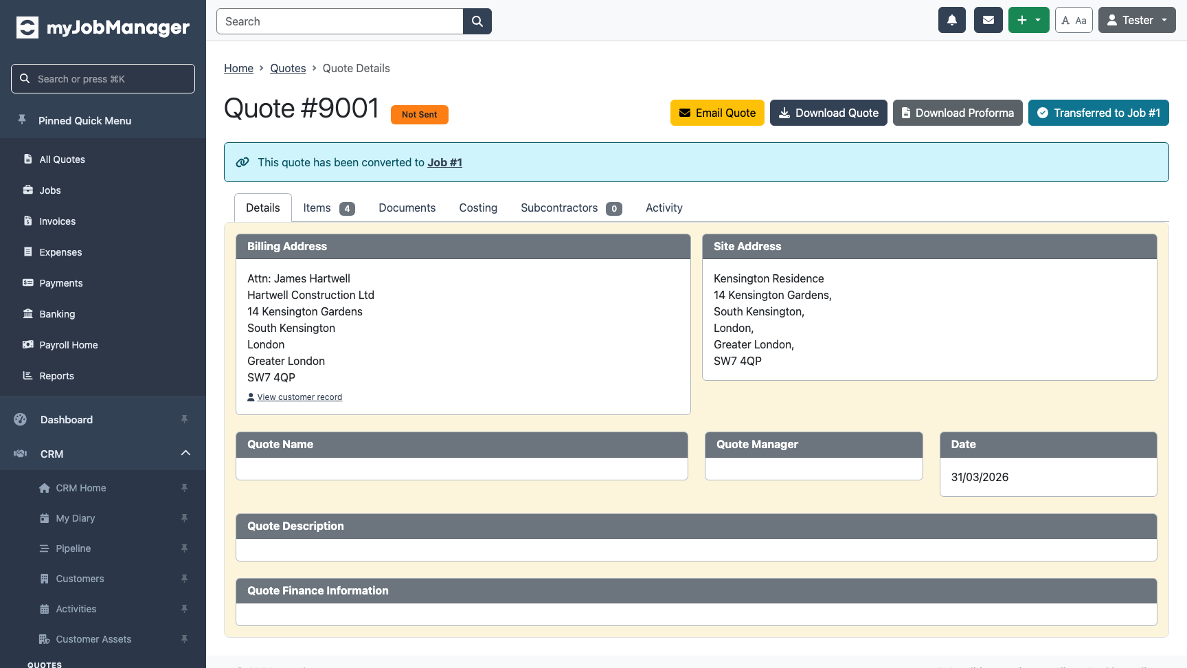 Quote showing transferred status