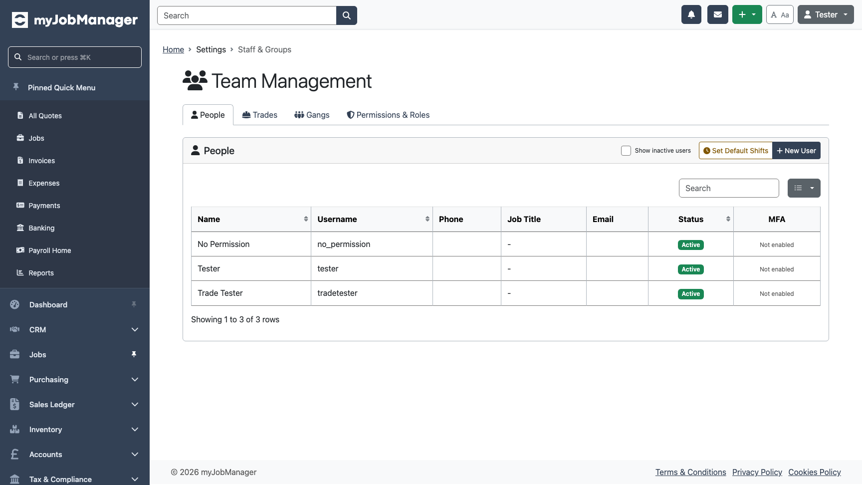 Staff list showing all team members