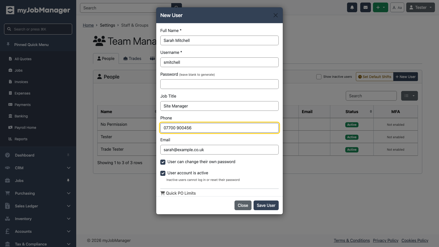 Completed user form with all fields