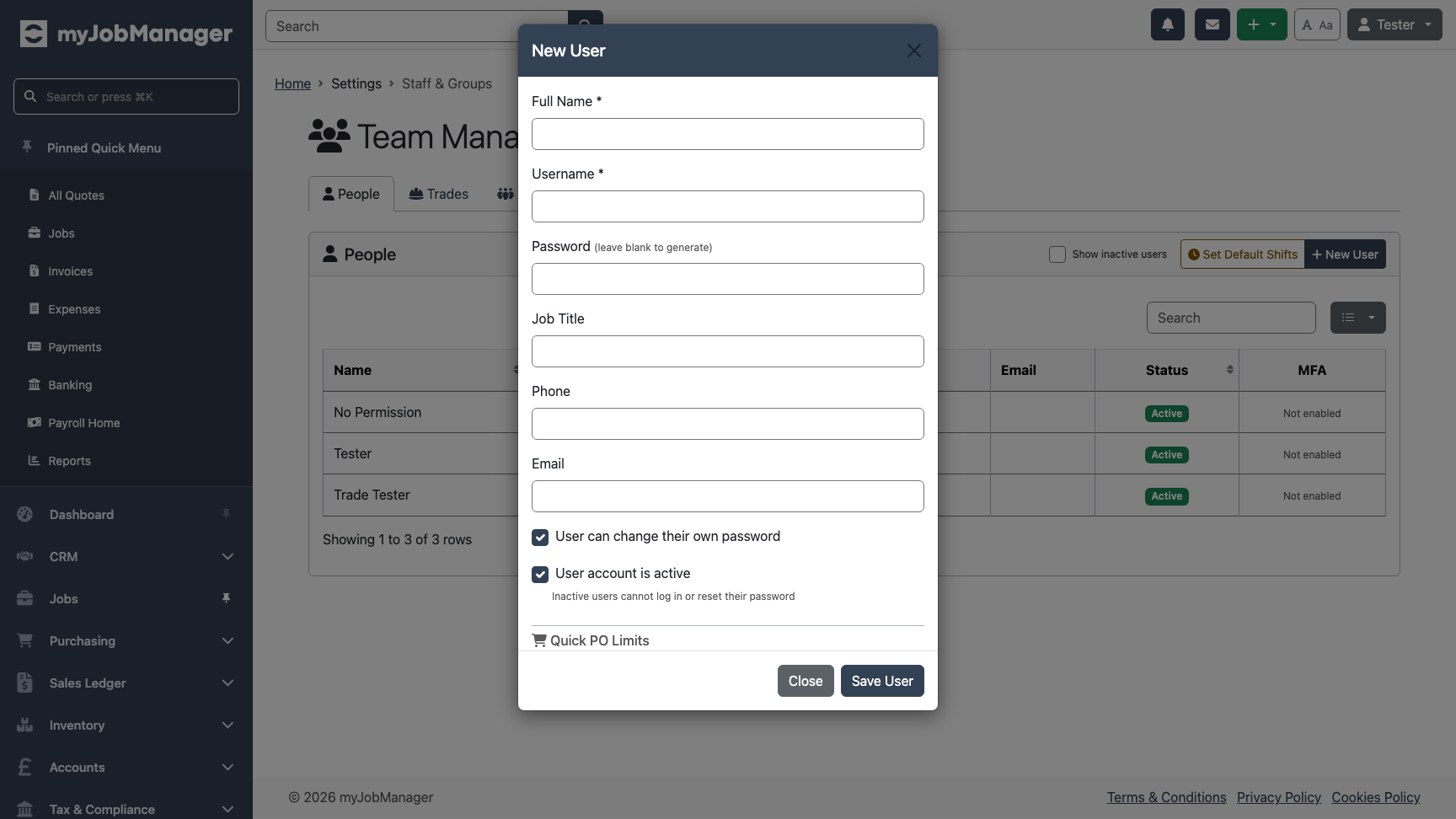 Password and account settings